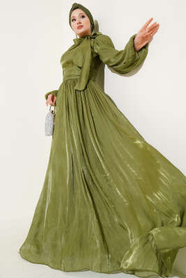 Pazarium - Kendinden Yaka Kuşaklı Abiye Elbise Haki