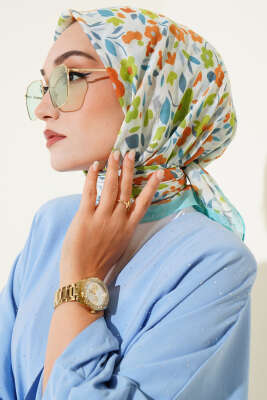 Pazarium - Çiçek Desen Bambu Kraş Eşarp Turkuaz