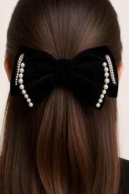 İncili Kadife Fiyonk Toka Siyah - Thumbnail