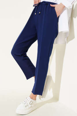 Pazarium - Beli Lastikli Dar Paça Pantolon Lacivert