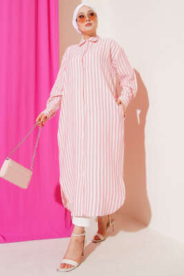 Pazarium - Dik Çizgili Uzun Keten Gömlek Pudra