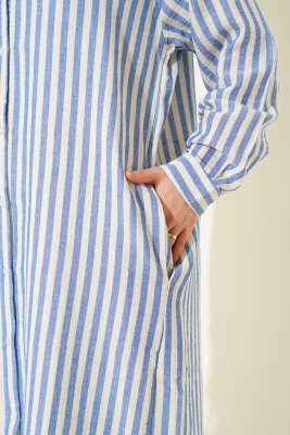 Dik Çizgili Uzun Keten Gömlek Lacivert - Thumbnail