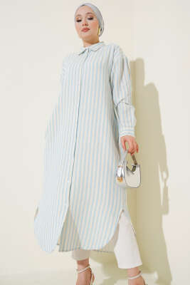Pazarium - Dik Çizgili Uzun Keten Gömlek Buz Mavisi