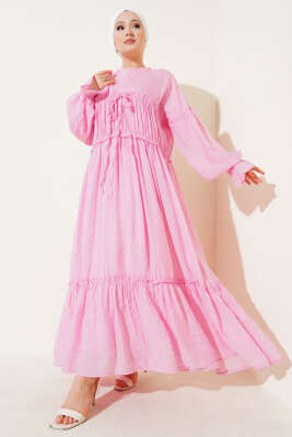 Pazarium - Büzgü Detaylı V Yaka Keten Elbise Pembe