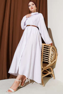 Pazarium - Boydan Düğmeli Kemerli Basic Elbise Açık Lila