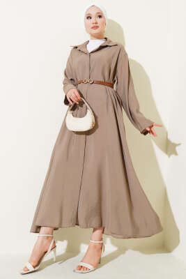 Pazarium - Boydan Düğmeli Kemerli Basic Elbise Vizon