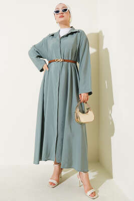 Pazarium - Boydan Düğmeli Kemerli Basic Elbise Mint