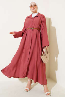 Pazarium - Boydan Düğmeli Kemerli Basic Elbise Gül Kurusu