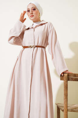 Pazarium - Boydan Düğmeli Kemerli Basic Elbise Bej