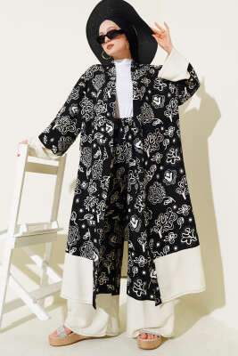 Etnik Desen Kimono İkili Takım Bej Siyah - Thumbnail