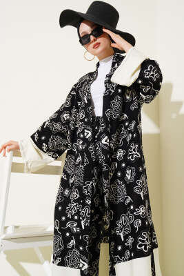 Etnik Desen Kimono İkili Takım Bej Siyah - Thumbnail
