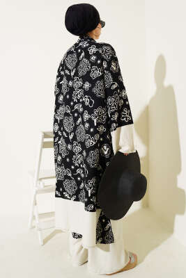 Etnik Desen Kimono İkili Takım Bej Siyah - Thumbnail