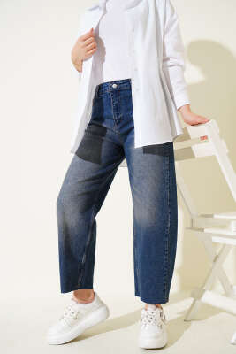 Pazarium - Kesik Paça Baggy Fit Kot Pantolon Tintli