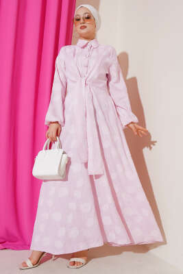 Pazarium - Benekli Yarım Düğmeli Elbise Pembe