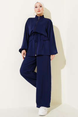 Pazarium - Bel Tünelli Fermuarlı Cep Kapaklı İkili Takım Lacivert