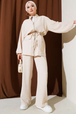 Pazarium - Bel Tünelli Fermuarlı Cep Kapaklı İkili Takım Bej