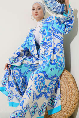 Pazarium - Etnik Desen Kimono İkili Takım Turkuaz