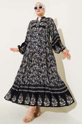 Pazarium - Paisley Desen Düğmeli Elbise Siyah