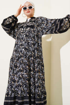 Paisley Desen Düğmeli Elbise Siyah - Thumbnail