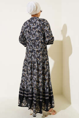 Paisley Desen Düğmeli Elbise Siyah - Thumbnail