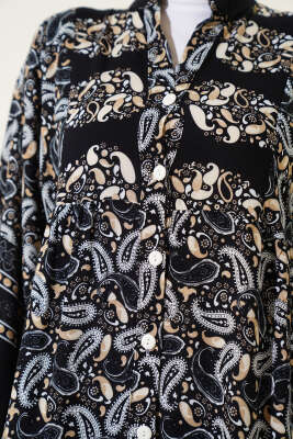 Paisley Desen Düğmeli Elbise Siyah - Thumbnail