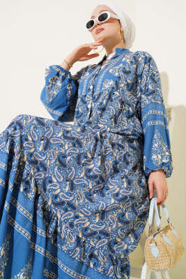 Pazarium - Paisley Desen Düğmeli Elbise İndigo
