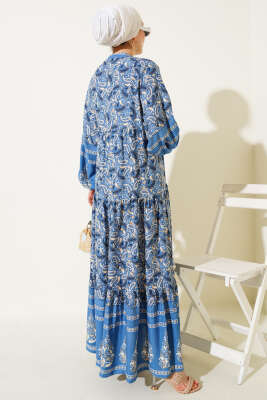 Paisley Desen Düğmeli Elbise İndigo - Thumbnail