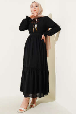 Pazarium - Yaka İpli Kuşaklı Elbise Siyah