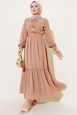 Pazarium - Yaka İpli Kuşaklı Elbise Latte