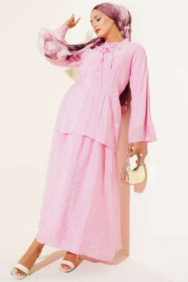 Pazarium - Yaka İp Bağlamalı Etekli Üçlü Takım Pembe