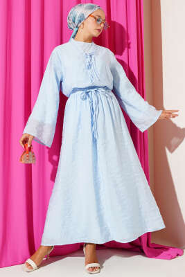 Pazarium - Yaka İp Bağlamalı Etekli Üçlü Takım Mavi