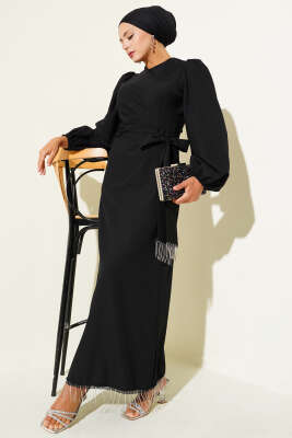 Pazarium - Püskül Taşlı Yan Bağlamalı Abiye Elbise Siyah