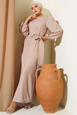 Pazarium - Püskül Taşlı Yan Bağlamalı Abiye Elbise Bej