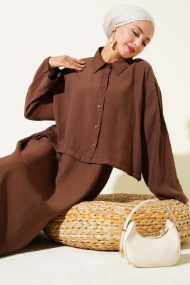 Pazarium - Gömlek Yaka Düğmeli Jile Takım Kahve