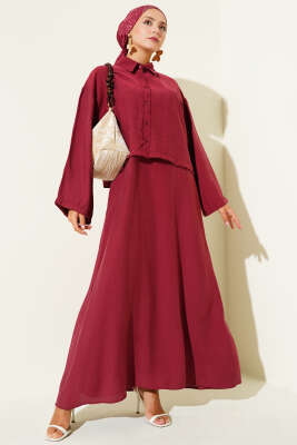 Pazarium - Gömlek Yaka Düğmeli Jile Takım Bordo