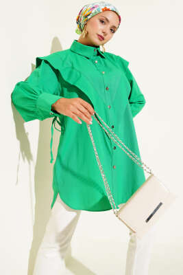 Pazarium - Önü Fırfırlı İp Bağcıklı Gömlek Yeşil