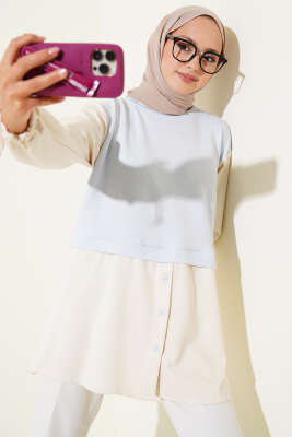 Pazarium - Bilekleri Tünelli Garnili Tunik Bebe Mavi