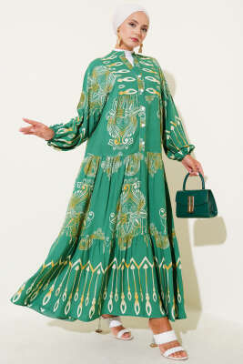 Pazarium - Karışık Desenli Yarım Düğmeli Viskon Elbise Yeşil