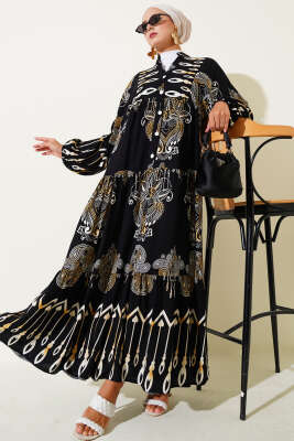 Pazarium - Karışık Desenli Yarım Düğmeli Viskon Elbise Siyah