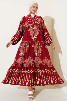 Pazarium - Karışık Desenli Yarım Düğmeli Viskon Elbise Bordo