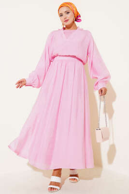 Pazarium - V Yaka Fırfırlı Etekli Üçlü Takım Pembe