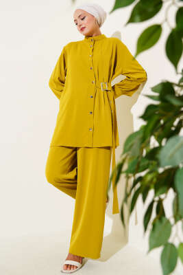 Pazarium - Yandan Kemer Detaylı İkili Takım Yağ Yeşili