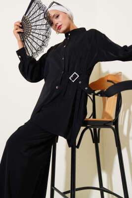 Pazarium - Yandan Kemer Detaylı İkili Takım Siyah