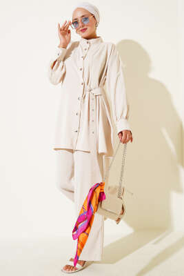 Pazarium - Yandan Kemer Detaylı İkili Takım Bej