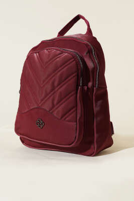 Dikiş Detaylı Çift Fermuarlı Sırt Çantası Bordo - Thumbnail