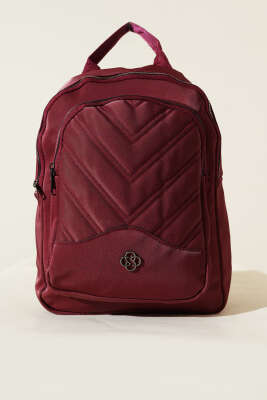 Dikiş Detaylı Çift Fermuarlı Sırt Çantası Bordo - Thumbnail