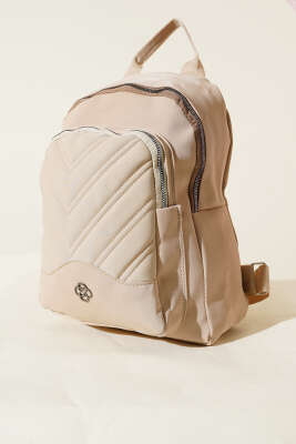 Dikiş Detaylı Çift Fermuarlı Sırt Çantası Vizon - Thumbnail