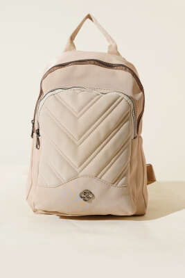 Dikiş Detaylı Çift Fermuarlı Sırt Çantası Vizon - Thumbnail