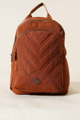 Dikiş Detaylı Çift Fermuarlı Sırt Çantası Kiremit - Thumbnail