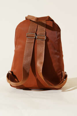 Dikiş Detaylı Çift Fermuarlı Sırt Çantası Kiremit - Thumbnail